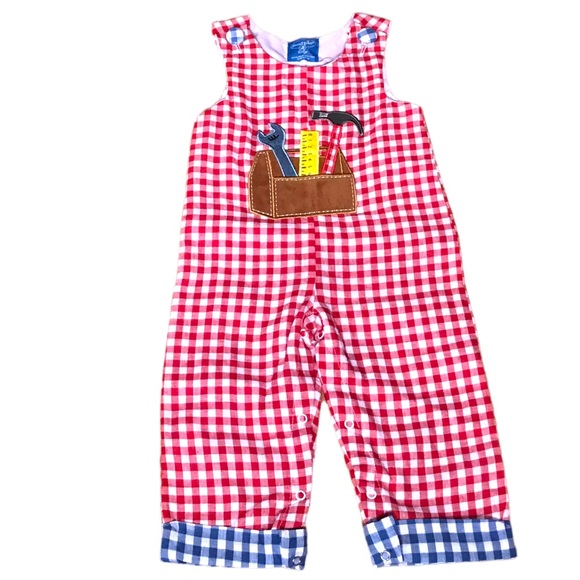Mud pie Baby Boy 12-18 Months All Boy Red Gingham Romper Appliqué Tool Box Patch - Picture 3 of 4